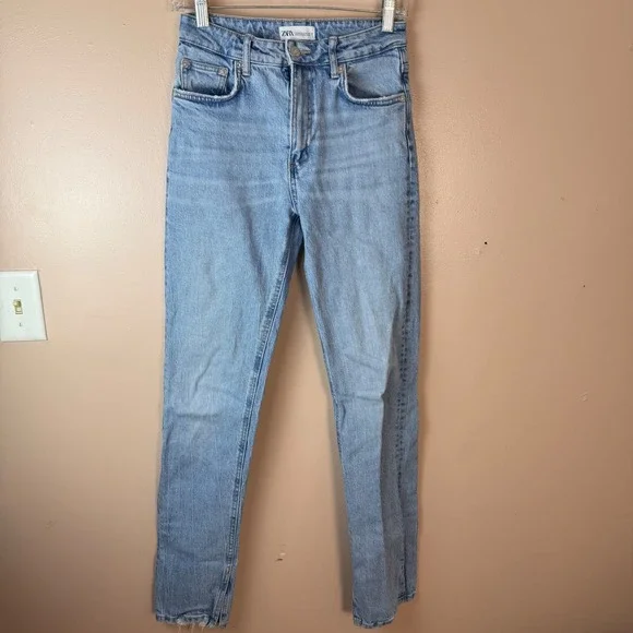 SALE ZARA High Waisted Light Wash Distressed Raw Hem Straight Leg Jeans W Size 2 - Picture 7 of 10